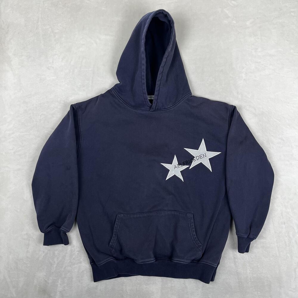 Aelfric Eden Hoodie Womens XS Blue Fleece Pullover Sweatshirt Star Patch Graphic